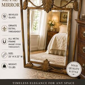 Vintage Ornate Gilt Metal Rectangle Mirror with Beveled Glass —33"x22”